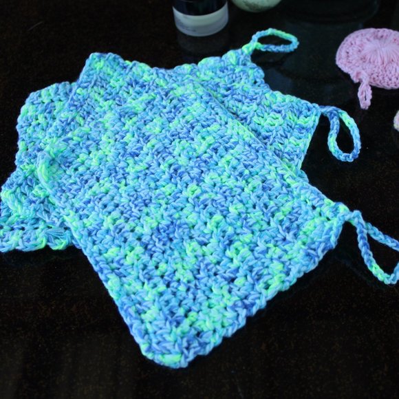 NEW 3 COTTON Washcloths Blue Green w/ Loop Hand Crafted Yarn - Picture 2 of 8